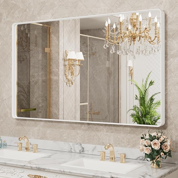 LOAAO 55x30 Inch White Metal Framed Bathroom Mirror for Wall, White Bathroom Vanity Mirror Farmhouse, Large Rounded Rectangle Mirror, Anti-Rust, Tempered Glass, Hangs Horizontally or Vertically