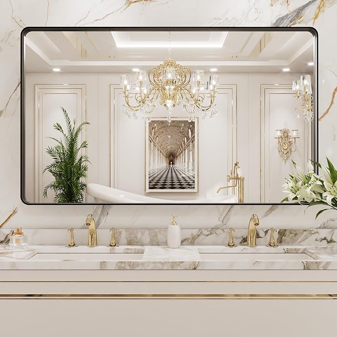 LOAAO 50X30 Inch Black Metal Framed Bathroom Mirror for Wall, Matte Black Bathroom Vanity Mirror Farmhouse, Large Rounded Rectangle Mirror, Anti-Rust, Tempered Glass, Hangs Horizontally or Vertically