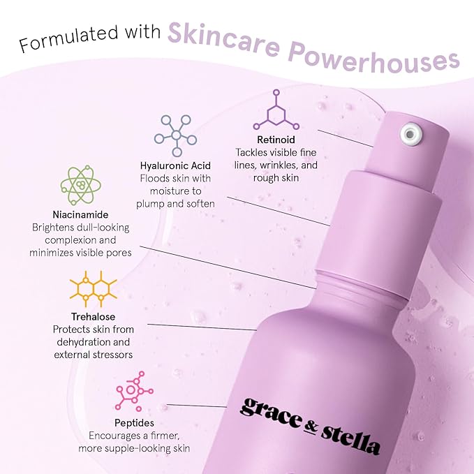 grace & stella Retinol Serum for Face with Hyaluronic Acid (50ml/1.7 fl oz) - Restoring Retinol Hyaluronic Acid Serum for Face to Reduce Fine Lines & Wrinkles - Acido Hialuronico - Vegan Skincare