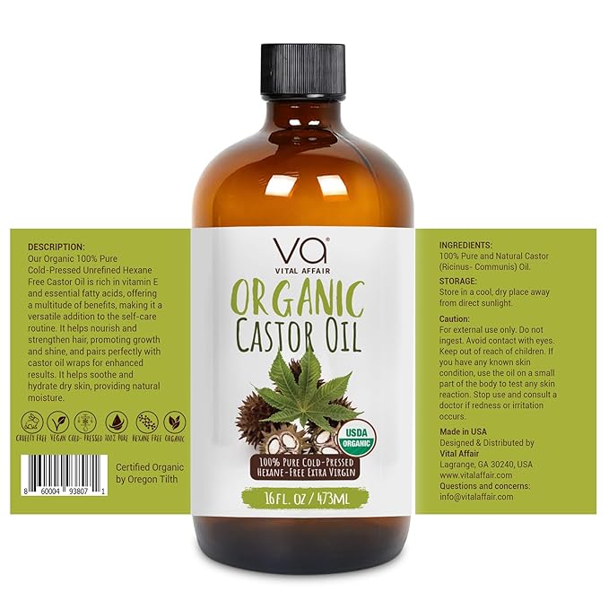 Pure Castor Oil Organic Cold Pressed Unrefined Glass Bottle-USDA Certified for Castor Oil Pack Wrap for Face,Hair Growth,Eyelashes,Eyebrows-16oz