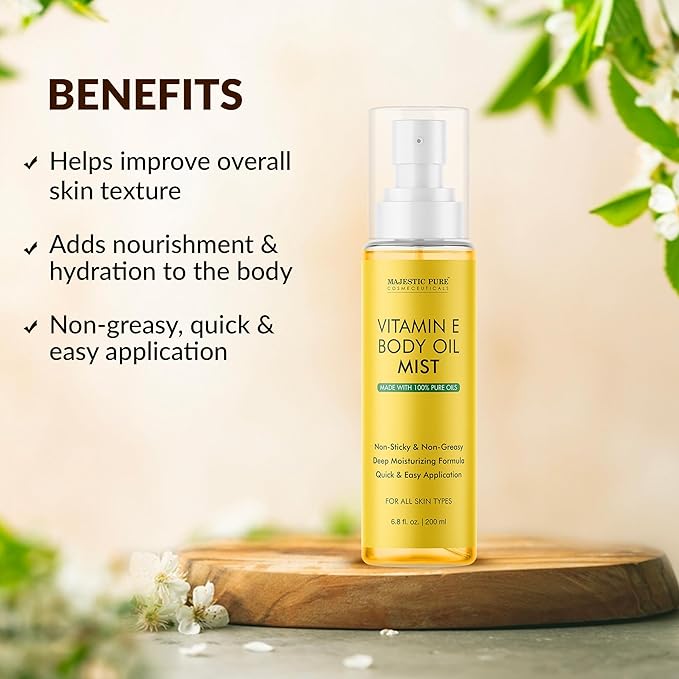 Majestic Pure Vitamin E Oil Body Mist- 100% Pure & Natural - After Shower Body Oils for Women and Men - Scented, Radiant, Skin Therapy Firming Massage Oil - 6.8 Fl Oz