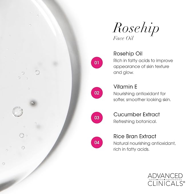 Advanced Clinicals Rosehip Oil For Face With Vitamin E + Botanicals Helps Improve Look Of Dark Spots, Wrinkles, Fine Lines, & Uneven Looking Skin Tone | Moisturizing Skin Care Face Serum, 1.8 Fl Oz