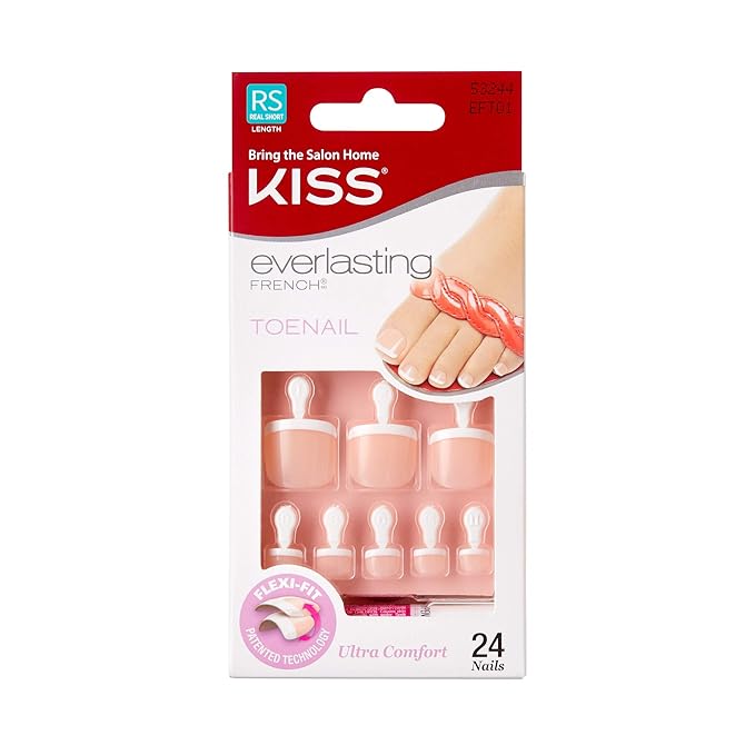 KISS Everlasting, Press On Toenails, Nail Glue Included, 'Limitless', French, Short Size, Squoval Shape, Includes 24 Nails, 2g Glue, 1 Manicure Stick, 1 Mini file