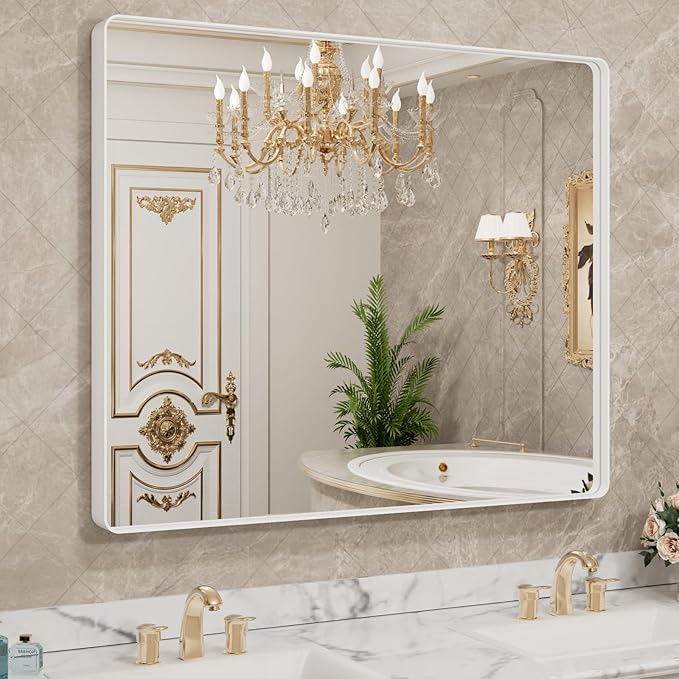 LOAAO 48x40 Inch White Metal Framed Bathroom Mirror for Wall, Large Rounded Rectangle Mirror, Anti-Rust, Tempered Glass, Hangs Horizontally or Vertically