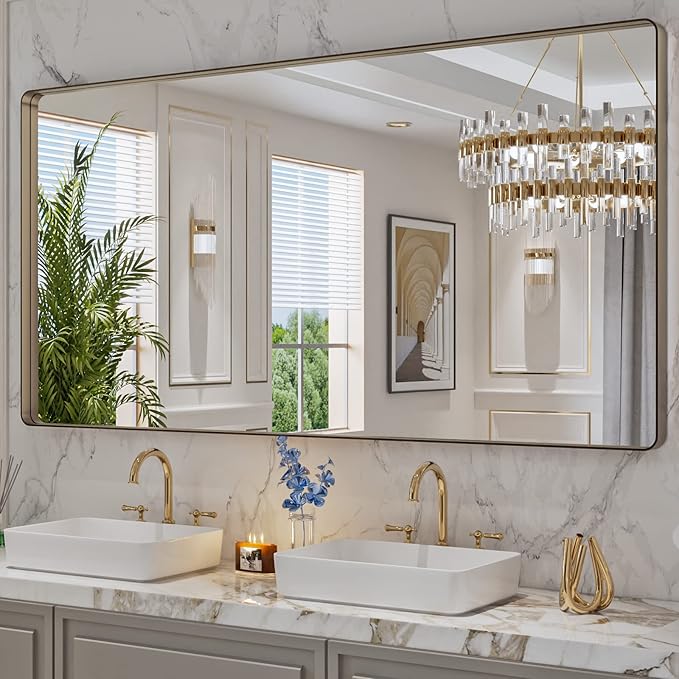 LOAAO 72”X36” Bronze Bathroom Mirrors for Vanity, Rounded Rectangle Brushed Bronze Metal Frame Mirror, Anti-Rust, Tempered Glass, Hangs Horizontally or Vertically