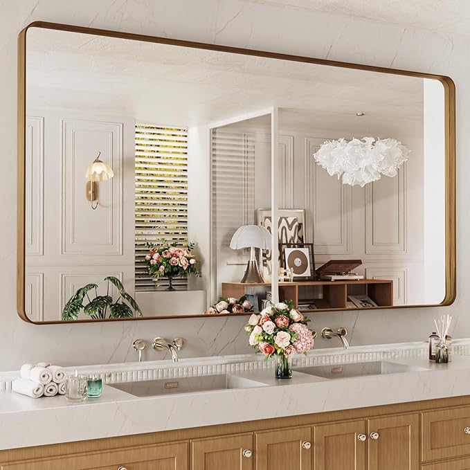 LOAAO 77X36 Inch Bathroom Mirror with Wood Grain Colored Metal Frame, Rounded Rectangle Metal Framed Bathroom Mirror, Anti-Rust, Hangs Horizontally or Vertically, Tempered Glass