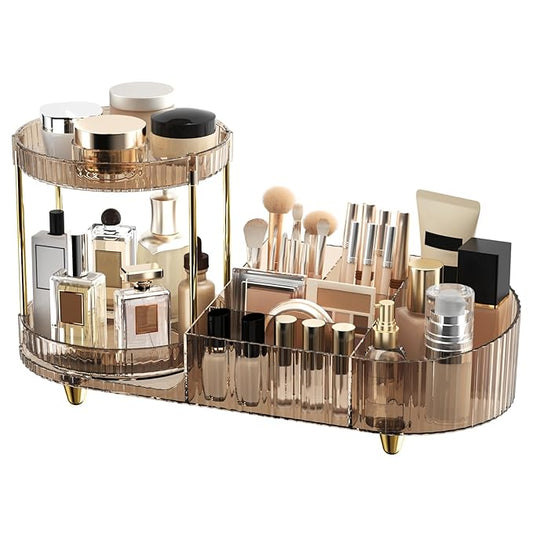 Makeup Organizer Countertop with 360 Rotating Perfume Trays, 7-Divider Vanity Skincare Organizers, Make Up Desk Organization and Storage with Cosmetic Brush Holder for Bedroom Bathroom Counter