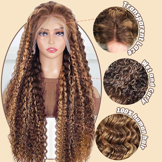 Honey Blonde 13x6 Deep Wave Lace Front Wigs Human Hair 22 inch 4/27 Highlight Ombre Deep Wave HD Transparent Lace Front Wigs Pre Plucked 200% Density Wet And Wavy Curly Lace Frontal Wig for Women