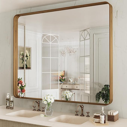 LOAAO 48X40 Inch Bathroom Mirror with Wood Grain Colored Metal Frame, Rounded Rectangle Metal Framed Bathroom Mirror, Anti-Rust, Hangs Horizontally or Vertically, Tempered Glass