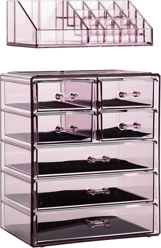 Sorbus Clear Cosmetic Makeup Organizer - Make Up & Jewelry Storage, Case & Display - Spacious Design - Great Holder for Dresser, Bathroom, Vanity & Countertop (3 Large, 4 Small Drawers) [Purple]