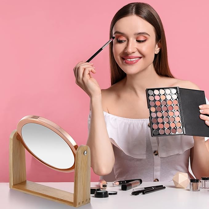 YEAKE Double Sided 10X Magnifying Makeup Mirror with Bamboo Stand,Small Desk Table Mirror with 360° Rotation,Standing Portable Cosmetic Mirror,Good for Shaving,Traveling(Rose Gold,Round)