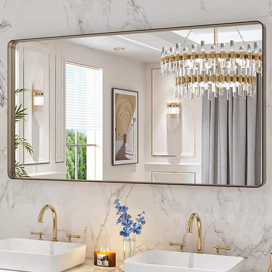 LOAAO 55”X30” Bronze Bathroom Mirrors for Vanity, Rounded Rectangle Brushed Bronze Metal Frame Mirror, Anti-Rust, Tempered Glass, Hangs Horizontally or Vertically