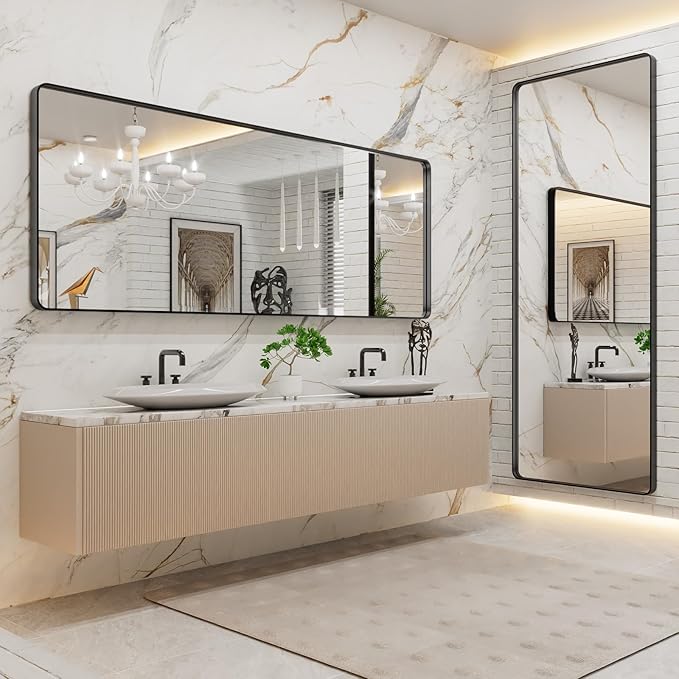 LOAAO 84x32 Inch Black Metal Framed Bathroom Mirror for Wall, Matte Black Bathroom Vanity Mirror Farmhouse, Large Rounded Rectangle Mirror, Anti-Rust, Tempered Glass, Hangs Horizontally or Vertically