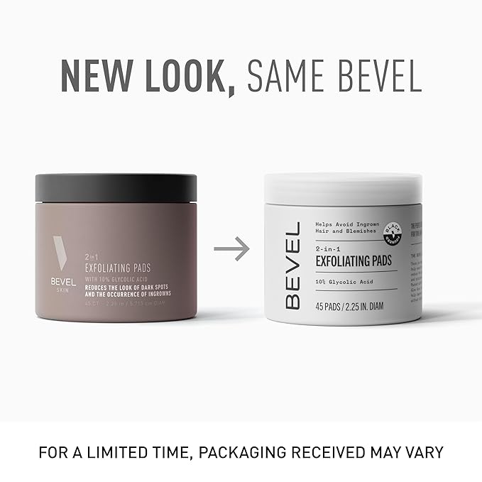 Bevel 10% Glycolic Acid Toner Pads for Face, Helps Remove Dead Skin Cells and Reduce Ingrown Hairs for Even Skin Tone and Texture, 45 Count (Packaging May Vary) (Pack of 2)