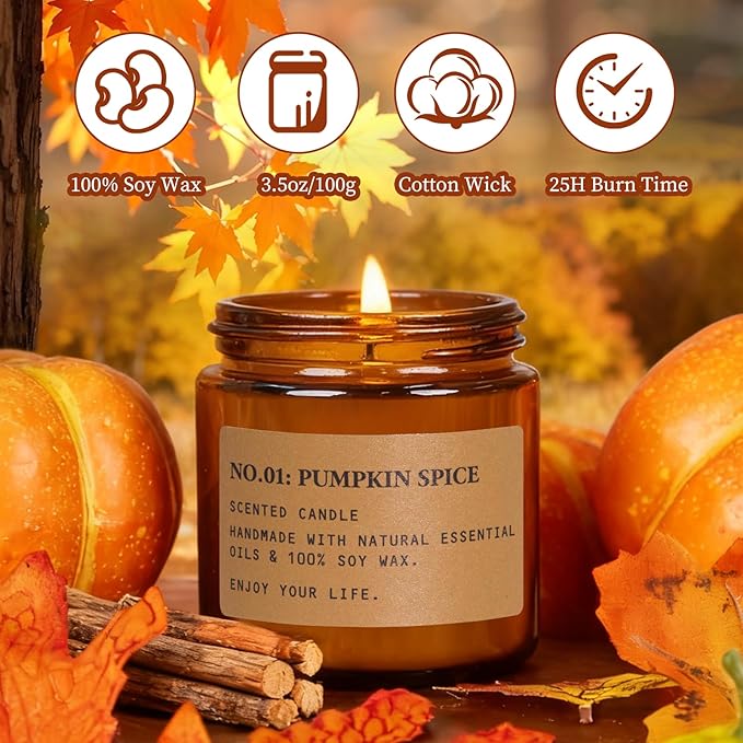Fall Candles for Home Scented, 6 x 3.5 oz Soy Wax & 150 Hours Long Lasting Autumn Candles Sets, Gifts for Women Birthday Thanksgiving Day Merry Christmas | Pumpkin Spice, Apple Cinnamon