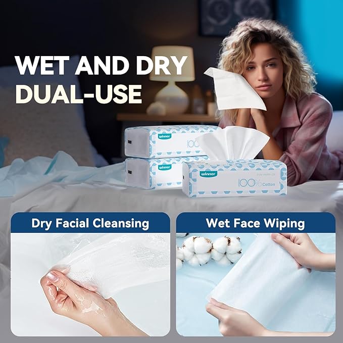 Winner Softer Face Towels - 100% USA Cotton Dry Wipes, 300 Count Unscented Cotton Tissues for Sensitive Skin, OEKO-TEX Certified Face Towelettes Disposable, Makeup Remover Facial Towels, 3 Pack