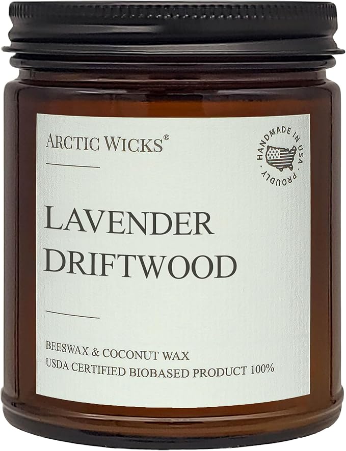 Arctic Wicks Scented Coconut Beeswax Candles | Coconut Beeswax Non Toxic Candle 9oz Amber | Farmhouse Candles Non-Toxic Clean Burn 100% USDA Certified Biobased (Lavender Driftwood)