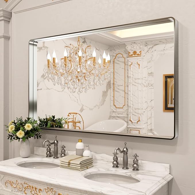 LOAAO 60X30 Inch Brushed Nickel Bathroom Mirror, Rounded Rectangle Silver Metal Frame Mirror, Brushed Nickel, Anti-Rust, Shatter Proof, Hangs Horizontally or Vertically