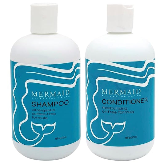 Mermaid Extension Hair Care Shampoo & Conditioner Combo | Oil-Free Gentle Moisturizing Salon Grade Hydrating | Plant-Based Sulfate & Paraben-Free Color-Safe Vegan Formula | (16 oz)