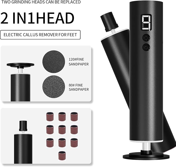 Powerful Electric Foot File & Callus Remover - Over 1-Hour Continuous Use, 360° Rotating Grinder, Foot Drill & Sander, 1200mAh Rechargeable Cordless Pedicure Tool,Foot Grinder(Black)