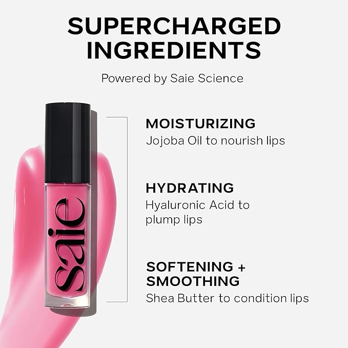 Saie Glossybounce - Hydrating Lip Gloss and Tinted Lip Oil Hybrid with Hyaluronic Acid & Jojoba Oil for Non-Sticky, Ultra-Shiny, Plump & Soft Lips - Everyday Makeup Essential - Push (.17 oz)