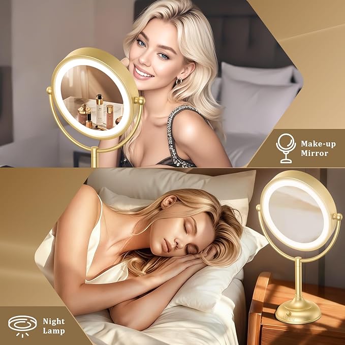 VESAUR 8.5'' Large Gold Lighted Makeup Mirror, 1X/10X Clear Seamless Magnifying Mirror, Bright Vanity Mirror with 3 Colors Dimmable Lights, Two-Sided 360°Rotation Stable Base, Luxury Nickel, Gift Box