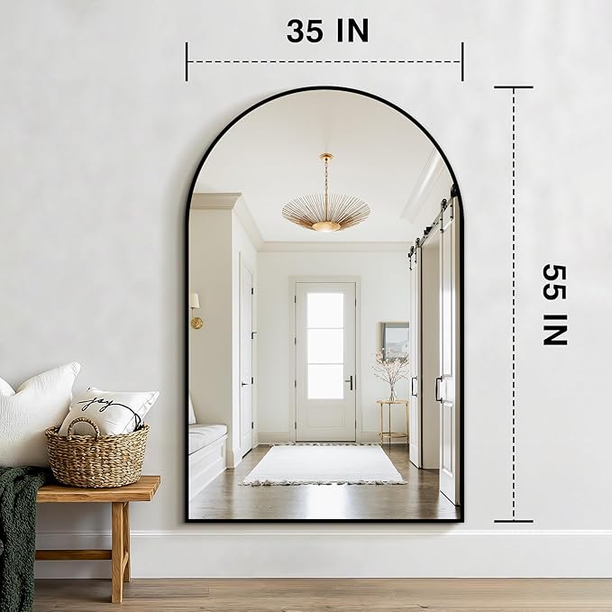 FICTOR Bathroom Vanity Mirror for Wall,55”x35” Large Arched Bathroom Mirror, Metal Framed with HD Shatter-Proof Glass for Entryway, Living Room,Bedroom, Wall Mounted or Leaned Against(Black)