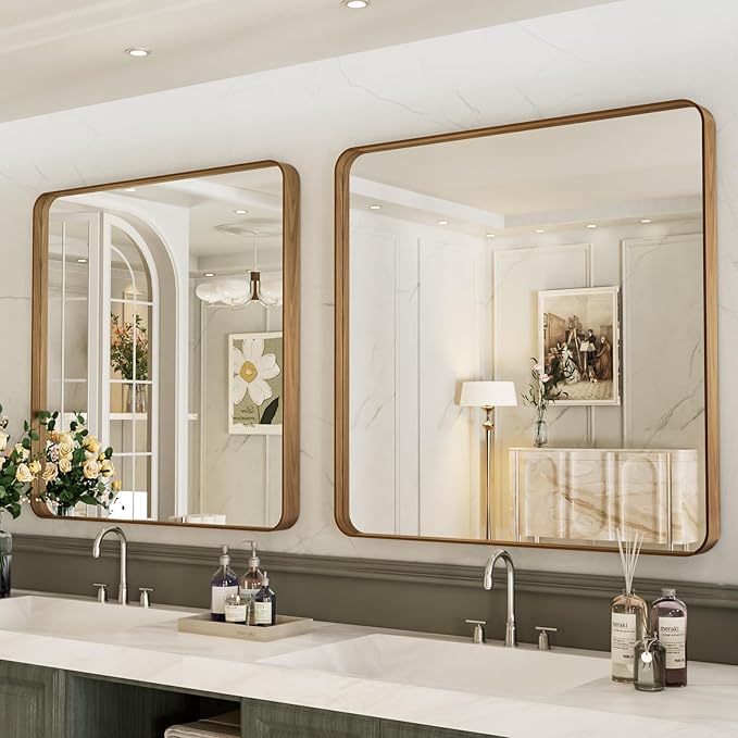 LOAAO 30X30 Bathroom Mirror with Wood Grain Colored Metal Frame, Rounded Rectangle Metal Framed Bathroom Mirror, Anti-Rust, Hangs Horizontally or Vertically