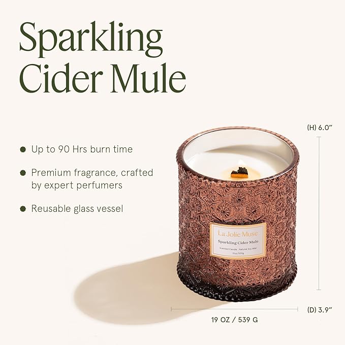 LA JOLIE MUSE Sparkling Cider Mule Candle | Apple Cider, Orange & Amber | 19 oz Wooden Wick | 90-Hour Clean Burn | Vibrant Scent | Gift for Hosts & Tablescapes