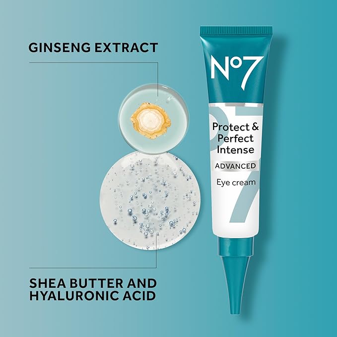 No7 Protect & Perfect Eye Cream - Intense Advanced Under Eye Cream for Dark Circles - Enriched with Hydrating Hyaluronic Acid and Nourishing Shea Butter to Revive Tired-Looking Eyes (0.5 Fl Oz)