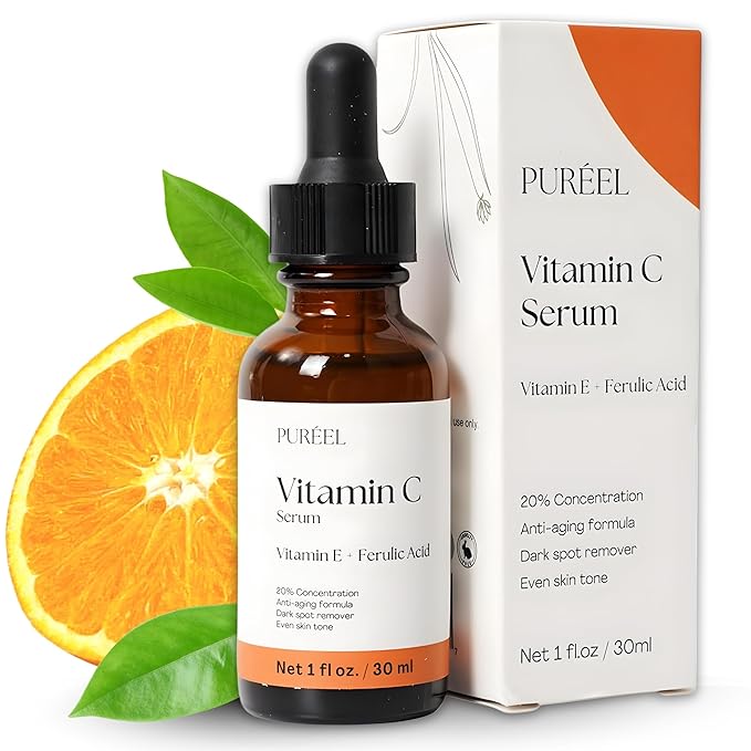 Puréel 20% Vitamin C Serum for Face – Brightening Serum with Vitamin E & Ferulic Acid – Anti-Aging, Dark Spot Remover, Even Skin Tone, Wrinkle Reduction & Radiant Glow – 1 fl oz