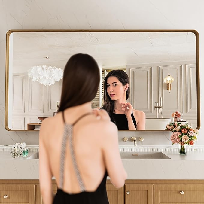 LOAAO 72X32 Inch Bathroom Mirror with Wood Grain Colored Metal Frame, Rounded Rectangle Metal Framed Bathroom Mirror, Anti-Rust, Hangs Horizontally or Vertically, Tempered Glass