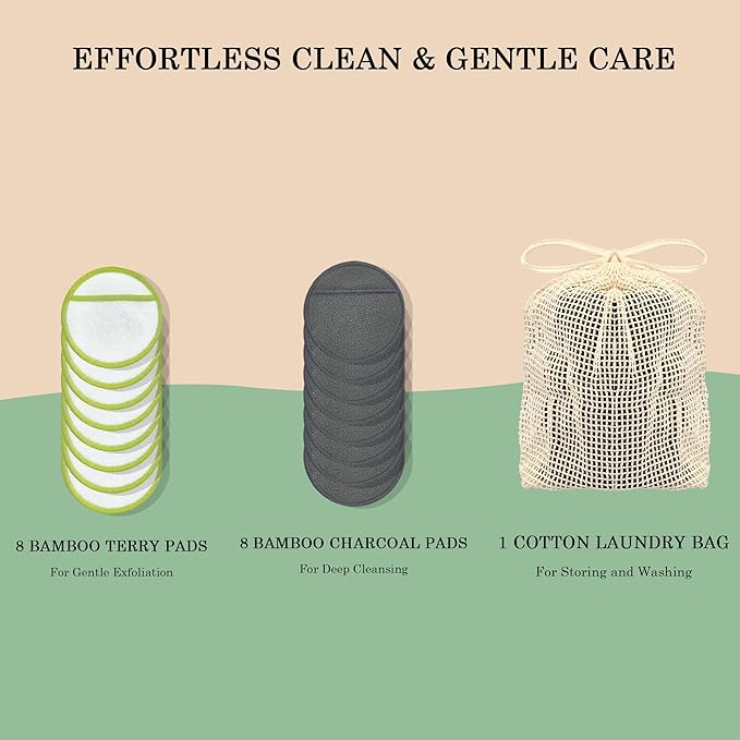 Chloven Reusable Cotton Rounds 16 Pack - Machine Washable Bamboo Charcoal Makeup Remover Pads for Face, Bamboo Terry Face Wipes Reusable Makeup Pads with Cotton Bag for Storage