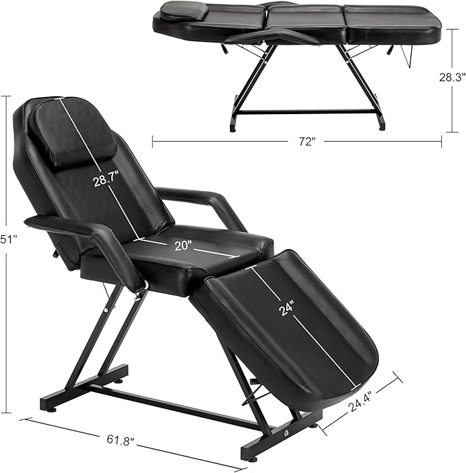 BarberPub Adjustable Tattoo Chair, 72" Multi-Purpose Facial Bed, Tattoo Treatment Table for Clients & Estheticians, 0015 (Black)