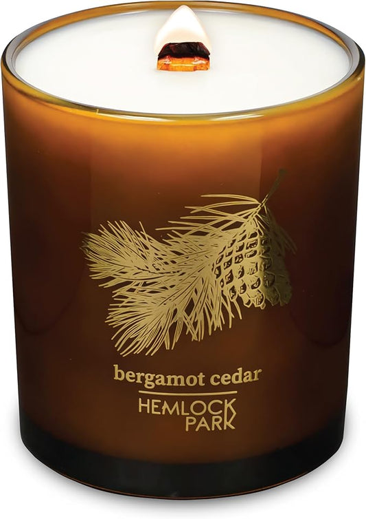 Hemlock Park Amber & Gold Wood Wick Candle Handcrafted with Natural Coconut Wax (Large 14 oz, Bergamot Cedar)
