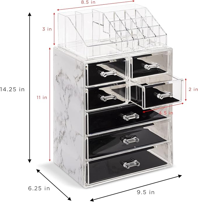 Sorbus Clear Cosmetic Makeup Organizer - Make Up & Jewelry Storage, Case & Display - Spacious Design - Great Holder for Dresser, Bathroom, Vanity & Countertop (3 Large, 4 Small Drawers) [Marble Print]
