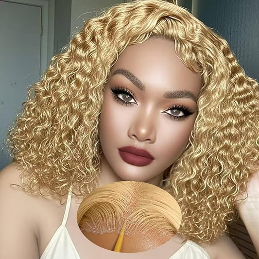 Honey Blonde Curly Bob Glueless Wigs Human Hair Pre Plucked Pre Cut 7x5 HD Lace Blonde Deep Wave Human Hair Wig 200% Density Short Bob Wigs for Women #27 Colored Curly Lace Front Wig 14 Inch