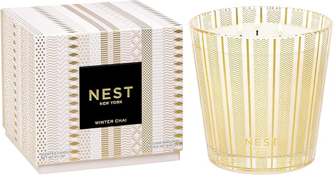 NEST New York Scented 3-Wick Candle, Winter Chai - 21.2 oz - Up to 100-Hour Burn Time - Reusable Glass Vessel