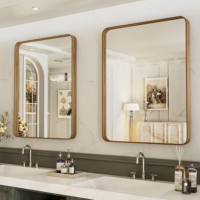 LOAAO 22X30 Inch Bathroom Mirror with Wood Grain Colored Metal Frame, Rounded Rectangle Metal Framed Bathroom Mirror, Anti-Rust, Hangs Horizontally or Vertically