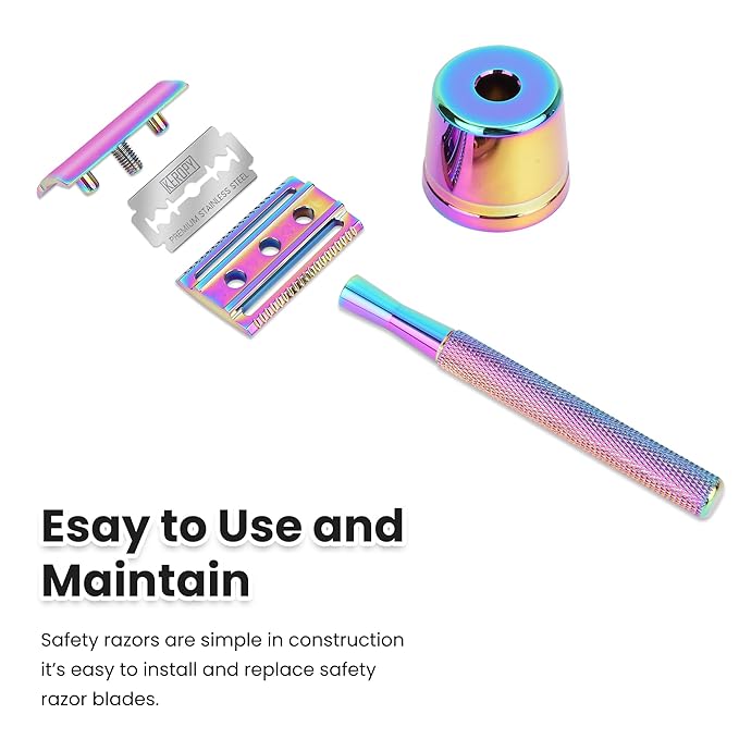 One Blade Safety Razor With Stand and 10 Premium Stainless Steel Reusable Safety Razor For Men and Women, Single Blade Safety Razors, Rainbow