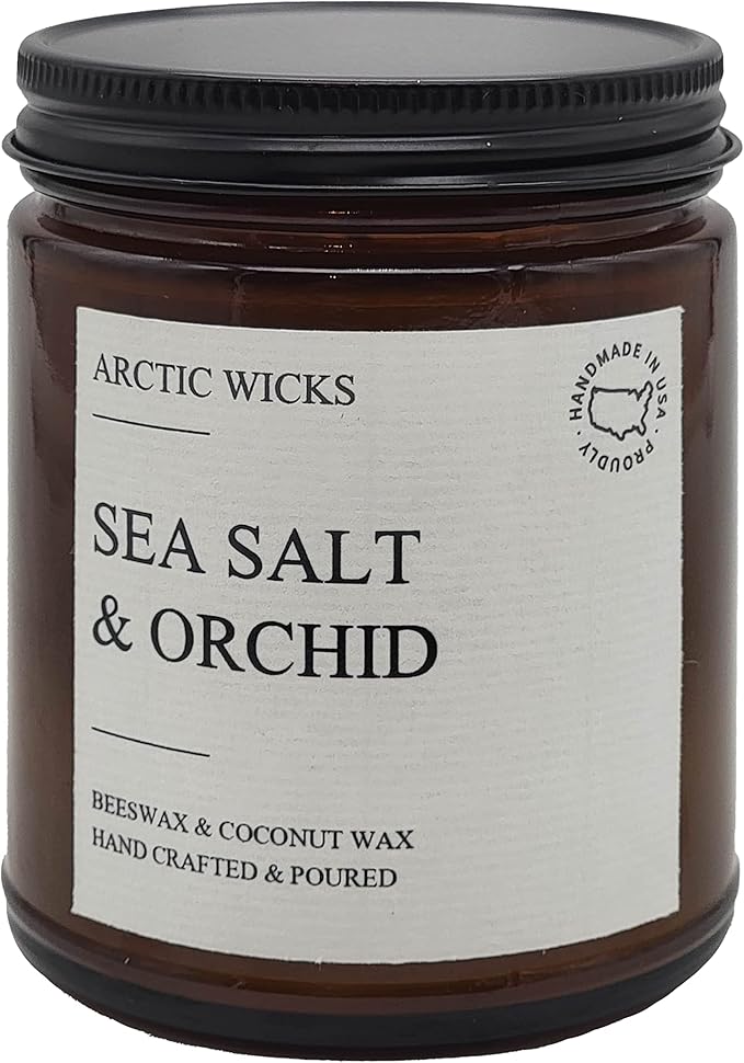 Arctic Wicks Scented Coconut Beeswax Candles | Coconut Beeswax Non Toxic Candle 9oz Amber | Farmhouse Candles Non-Toxic Clean Burn 100% USDA Certified Biobased (Sea Salt & Orchid)