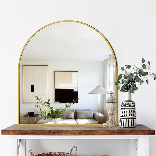 FICTOR Bathroom Vanity Mirror for Wall,32”x30” Arched Metal Framed Bathroom Mirror for Over Sink,Entryway,Living Room,Bedroom(Gold)