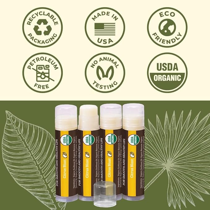 Earth's Daughter USDA Organic Lip Balm Stocking Stuffers 4-Pack Citrus Flavor - Beeswax, Coconut Oil, Vitamin E - Best Lip Repair Chapstick for Dry Cracked Lips.