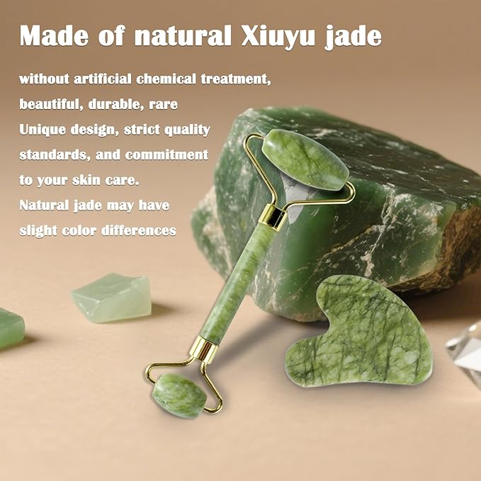 Natural Jade Roller & Gua Sha Set for Face, Facial Massager Tool for Skin Tightening, Anti-Aging, Puffiness Relief, Lymphatic Drainage - Spa Skincare Gift Set for Women