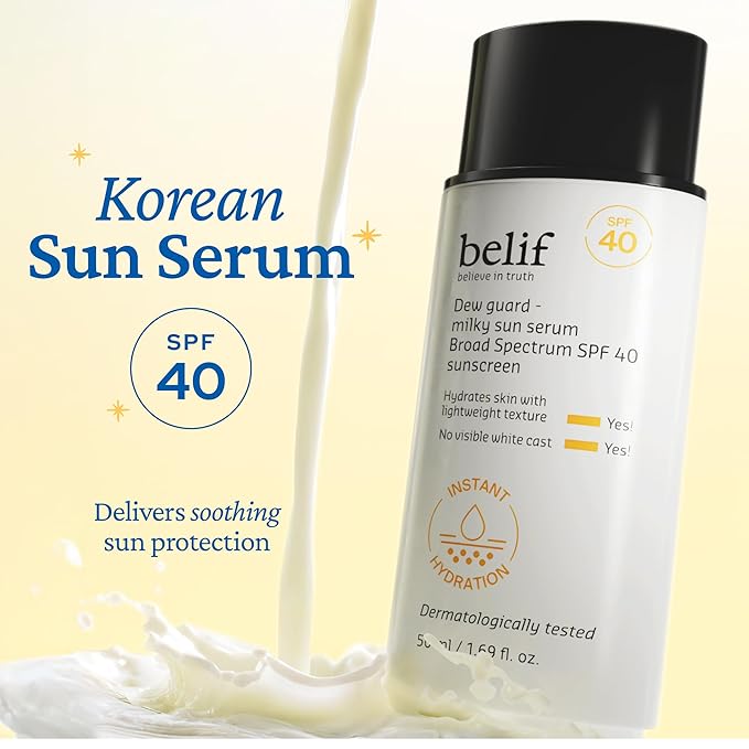 belif Milky Niacinamide Sunscreen SPF 40 – Lightweight & Invisible Sun Serum for Face with 7 Types of Hyaluronic Acid | No White Cast, Non-Comedogenic, Hydrating, Makeup-Gripping Primer (1.69 fl.oz)