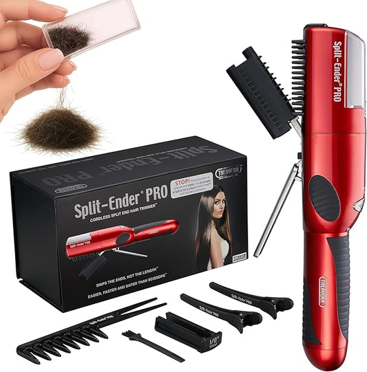 PRO - Original Professional Beauty Tool - Cordless Split End Hair Trimmer for Damaged, Dry, Brittle, Frizzy, Curly or Straight Hair (Red, Professional Kit)