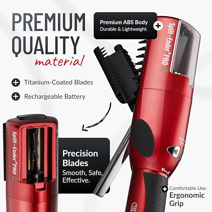 Pro 2 - Original Professional Beauty Tool - Cordless Split End Hair Trimmer for Damaged, Dry, Brittle, Frizzy, Curly or Straight Hair (Red)