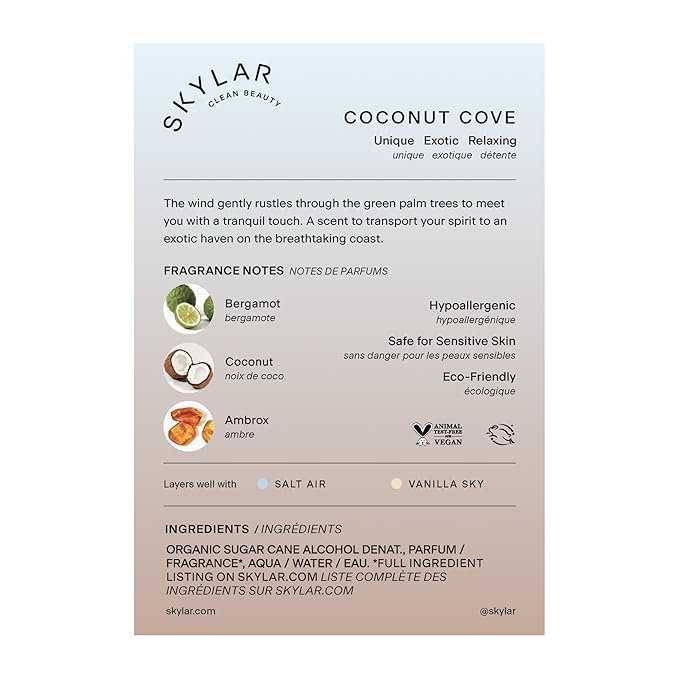 Skylar Coconut Cove Eau de Parfum - Hypoallergenic & Clean Perfume for Women & Men, Vegan & Safe for Sensitive Skin-Fruity Fresh Perfume with Notes of Bergamot, Coconut & Ambrox - 50mL /1.7 Fl oz
