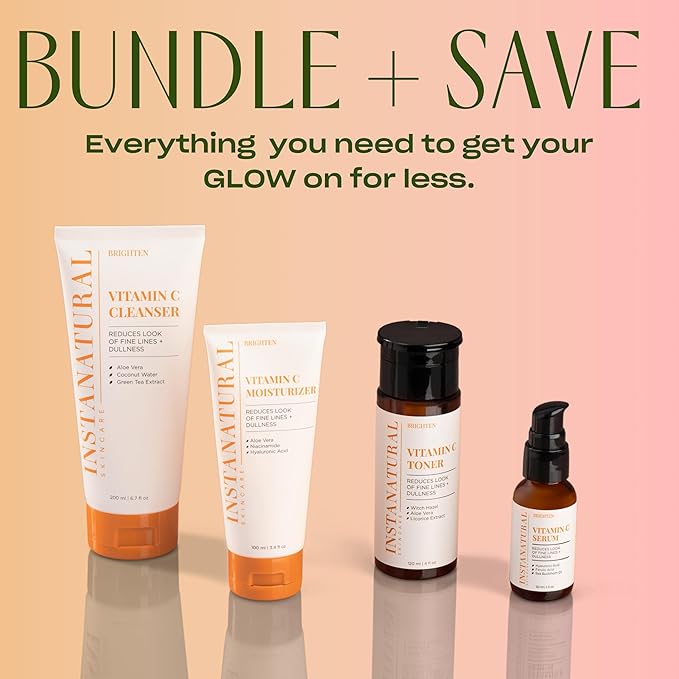 InstaNatural Vitamin C Four Step Skin Care Set with Face Wash, Toner, Serum & Moisturizer | All Natural Brightening & Hydrating Routine with Botanical Extracts – 1.68 Fl Oz (Pack of 4)