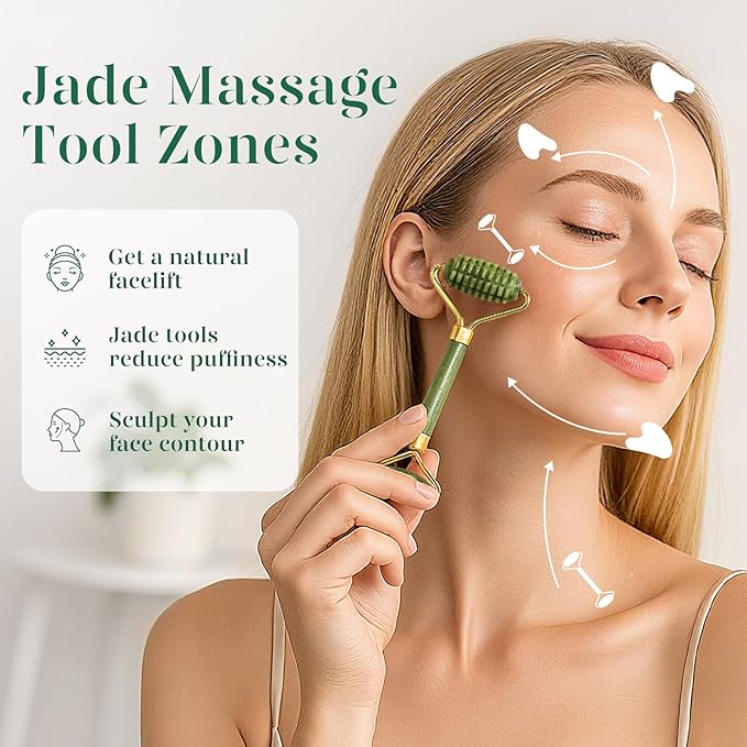 BAIMEI IcyMe Gua Sha and Jade Roller for Face, Natural Jade Face Roller with Ridge Design for Reducing Puffiness & Skin Firming,Facial Sculpting Tool, Self Care Gift for Women Men